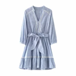 2024 Spring Summer New Women's Fashion and Elegance Versatile V-neck Linen Blended Vertical Lace Striped Mini Dress