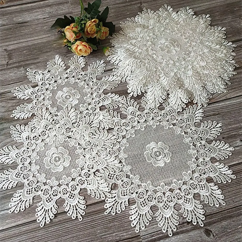 Ornament Prop Lace Embroidery Table Cloth White Hollow Lace Placemat Round Tea Pad Mat Table Doily Christmas Home Decor