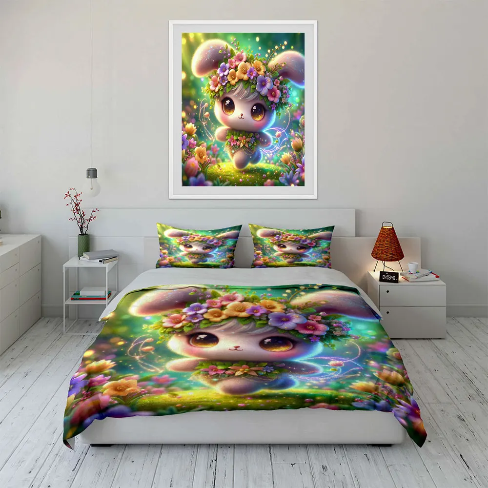 3pcs Dreamy Flower Wreath Bunny Decor Duvet Cover Set with 3D Printing Design Soft Polyester Bedding Set All-Season Comfort