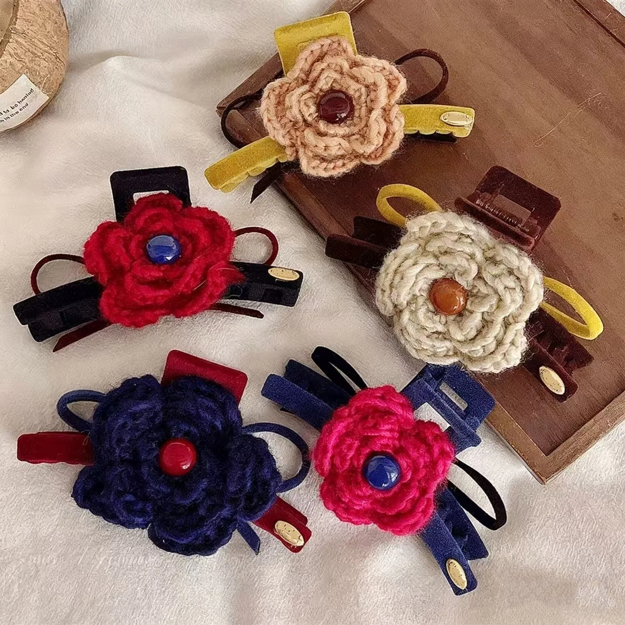 

Delicate Knitted Handmade Wool Flowers with Reversible Clips Elegant, Fashionable, Stylish, Versatile Hair Clips
