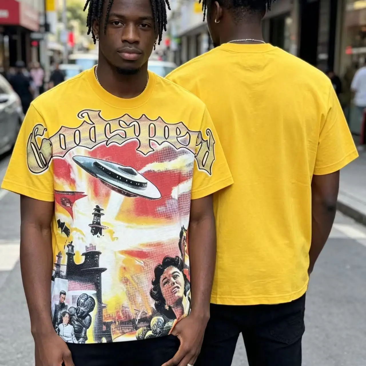 Godspeed Retro Alien Cotton T-Shirt Loose Fit Short Sleeve Streetwear Hip Hop Style High Street Trend Youth Popular Pure Cotton