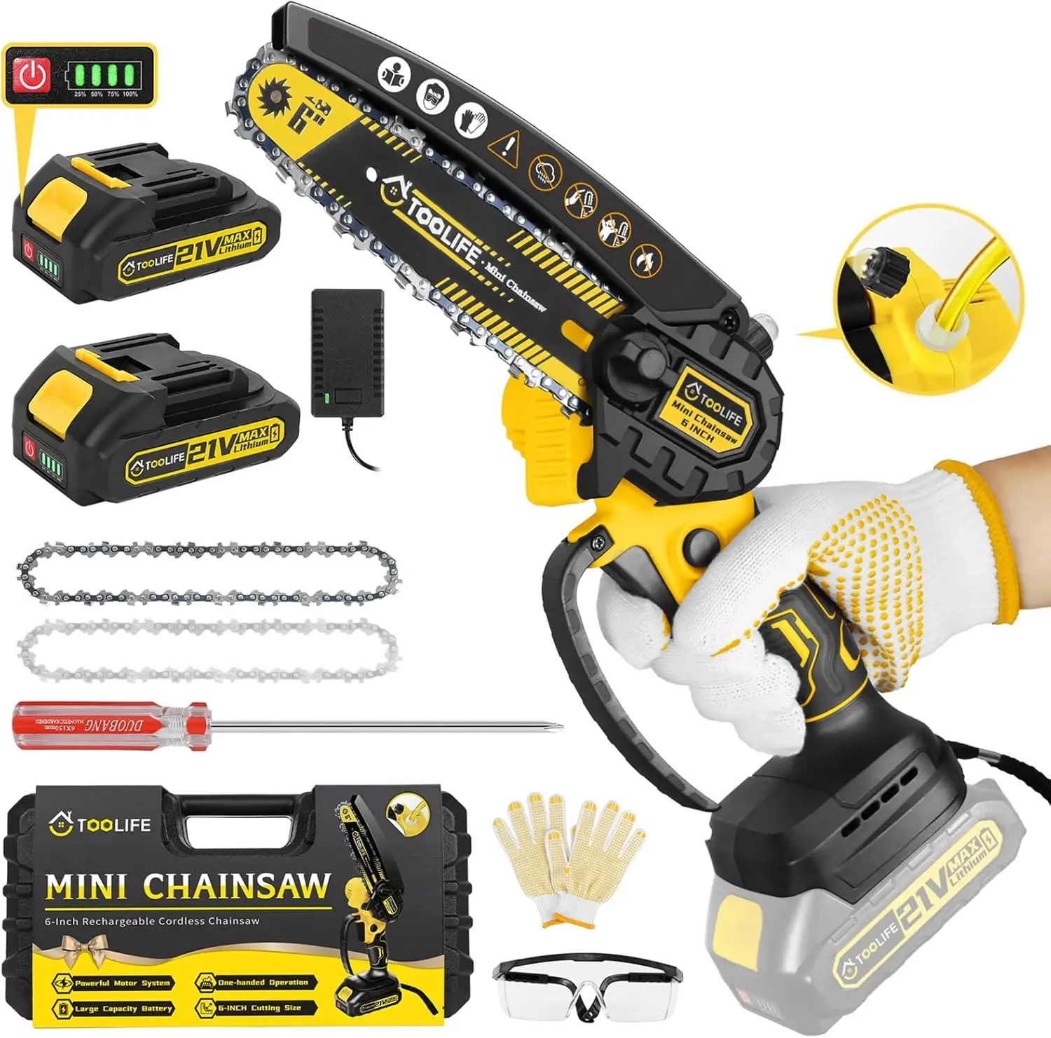 

Mini Cordless Chainsaw 6 Inch with Auto Oiling, 2 Batteries for Tree/Wood Cutting - Perfect Christmas Gift for Men