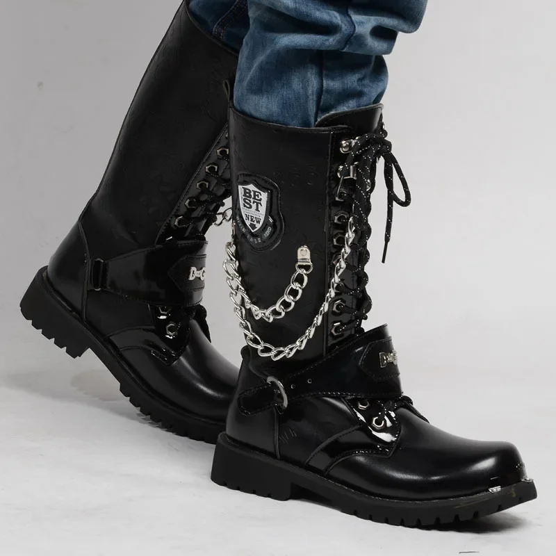 Men's Leather Motorcycle Boots Fashion Chain Mid-calf Platform Boots Gothic Belt Punk Boots for Men Designer Biker Boots Men