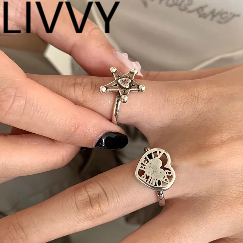 LIVVY Silver Color Vintage Heart Star Shape Adjustable Ring Women Personality Accessories 2023 Trendy Jewelry Accessories Gifts