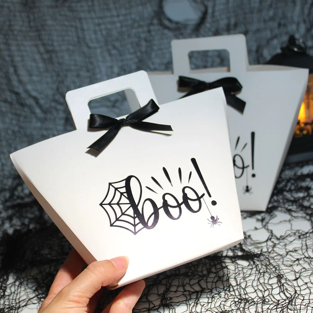 White Gift Bags with Spiderweb and BOO! Design | Black Foil Stamping | Perfect for Halloween Trick-or-Treating