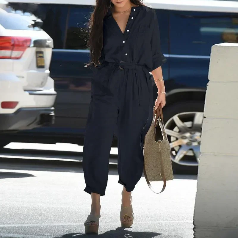 Sommer Casual Baumwolle Leinen Cargo Overall frauen Mode Taste Tasche Revers Frau Strampler Overalls Weibliche