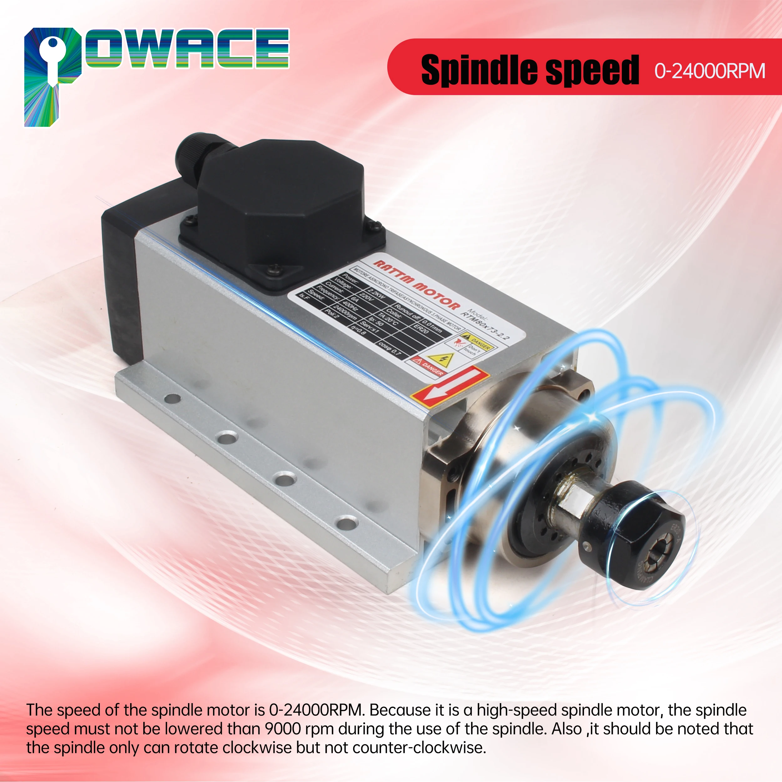 POWACE 2.2KW ER20 CNC Air Cooled Spindle Motor Square For Woodworking Router Engraving Milling Machine