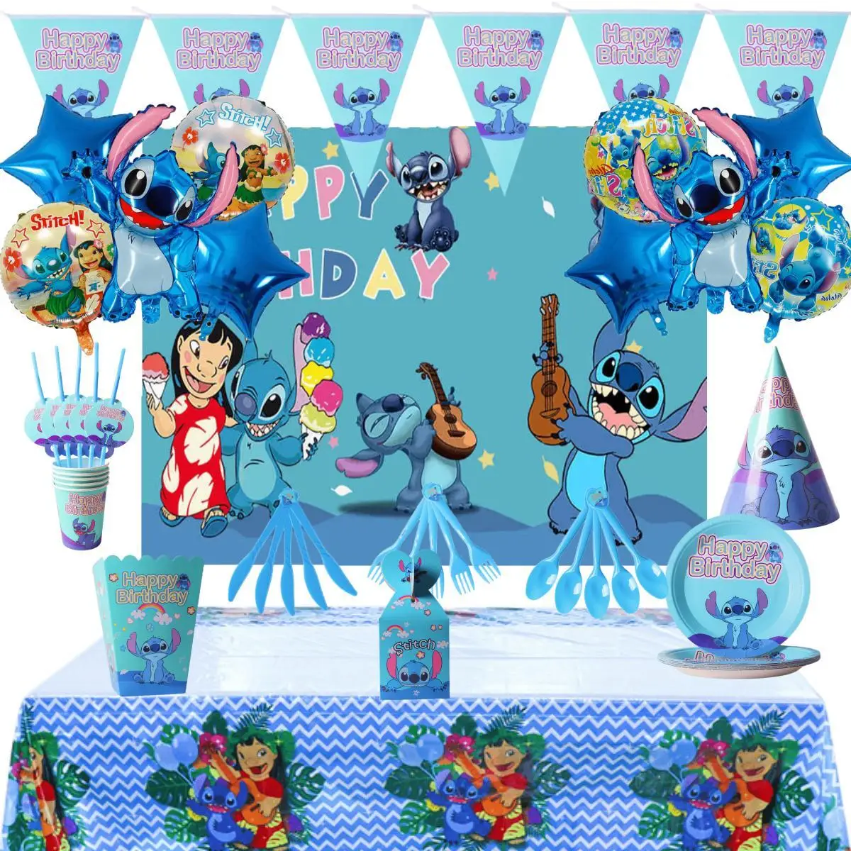 Disney Stitch Birthday Party Supplies Balloon Set Disposable Tableware Baby Shower Boys  Display Board Banner Background