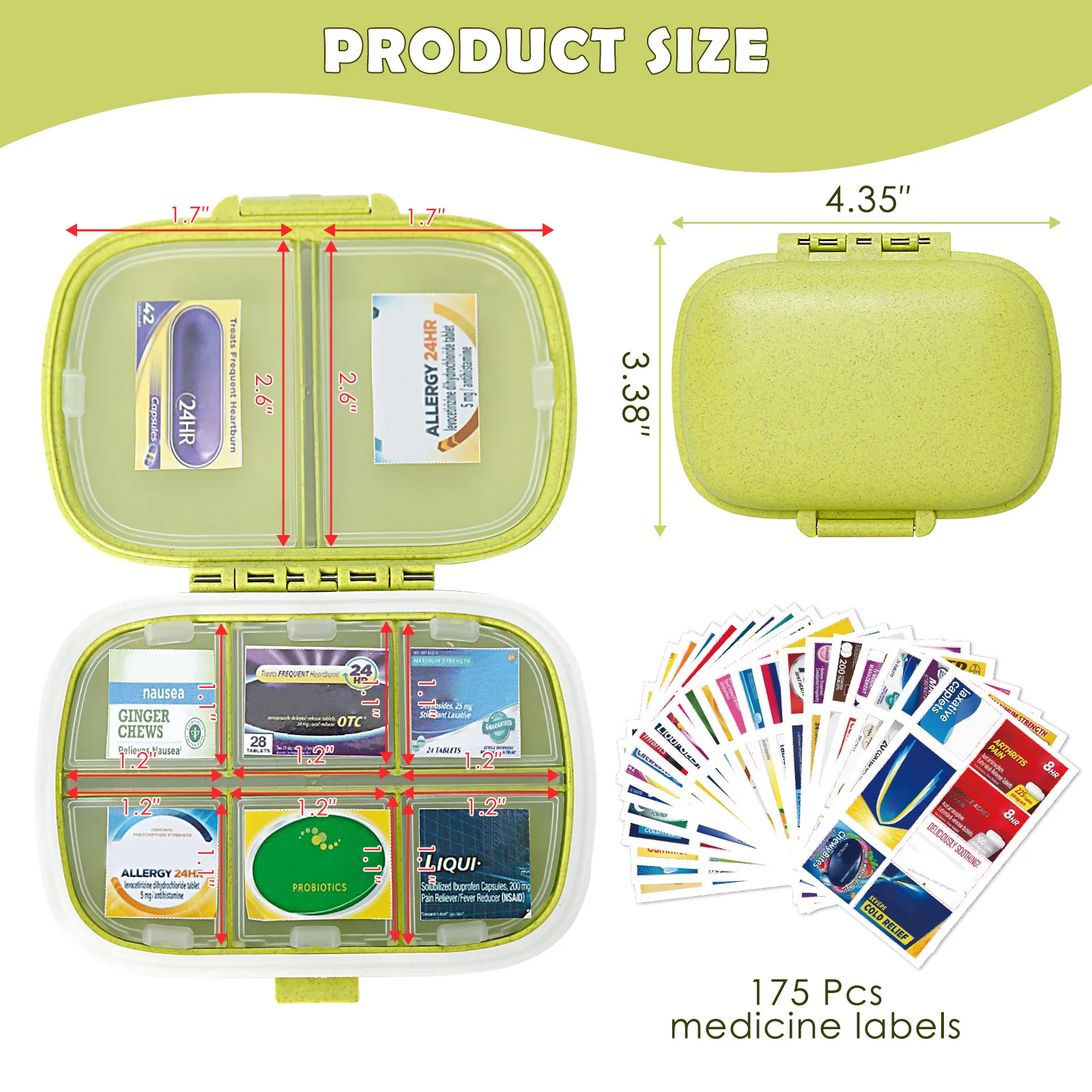 Pill Organizer 8 Compartments Storage Container w/ 175 Labels Medication Moisture Proof Storage Mini Case Travel First Aid Kit