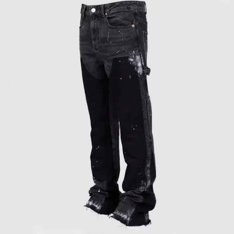 

Men's Denim Work Pants American Fashion Work Pants Stretch Patch Denim Stacked Flare Pants Men's Trousers