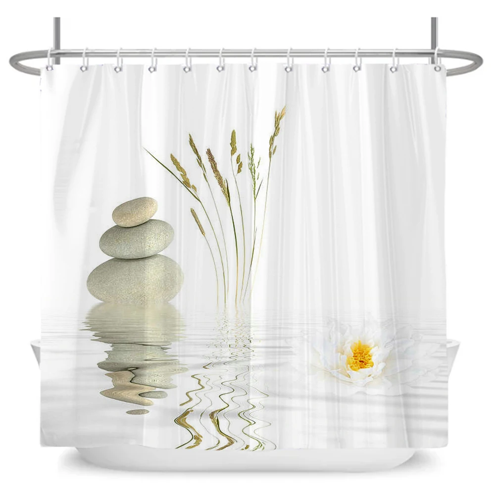 Stones And Lotus in Water Shower Curtain Zen SPA White Waterproof Bathroom Curtain Extra Long Polyester Fabric for Bathtub Decor