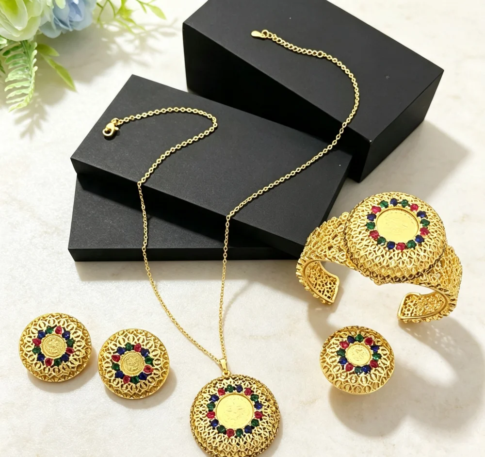 JRH Gold Plated Copper Women Jewelry Set Zirconia Simple Necklace Ring Earrings Bracelet Daily Wear Accessory