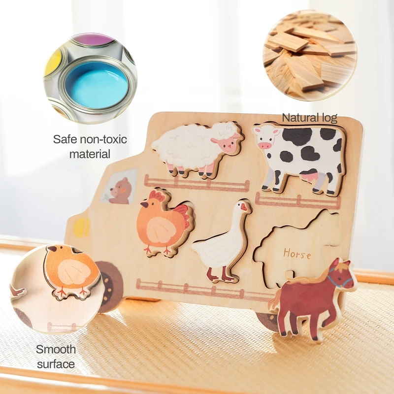 Montessori Baby Toys Wooden Farms And Cars Puzzle Baby Finger Fine Sports Game Animals Cars Cognitive Puzzle Toys Baby's Present