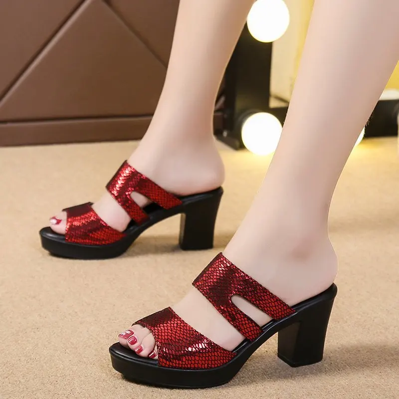 2023 Summer Shoes Thick Heel Fish Mouth Slippers Femme New High Heel Sandals Large Fashion Outwear Women\'s Sandals Casual Slides