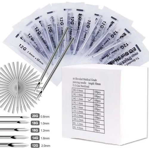 Aguja de perforación 12G 14G 16G 18G 20G, agujas de punción desechables esterilizadas quirúrgicas para oreja, nariz, ombligo, pezón, labio, herramienta de perforación