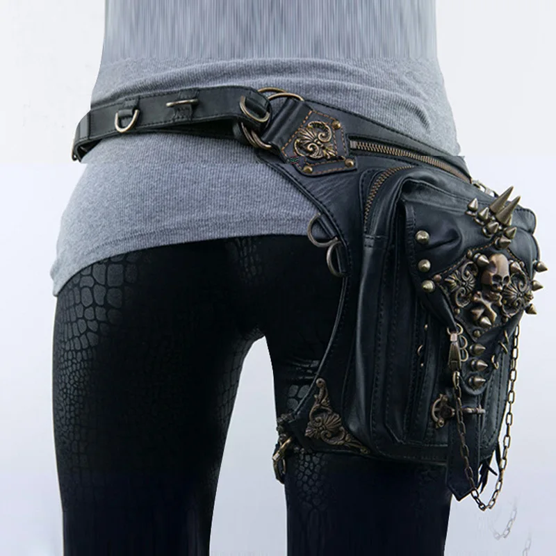 

Heavy Metal Steam Punk Motorcycle Bag Women's Crossbody Phone Waist Bag Skull Chain Leg Bag American Retro Style PU Leather