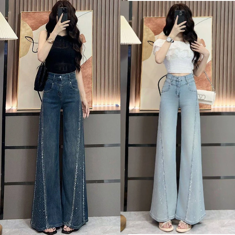2026 Summer New Rhinestone Embellished Wide Leg Jeans for Women, Thin Vintage Flare Straight Leg Pants Trendy Spicy Girl
