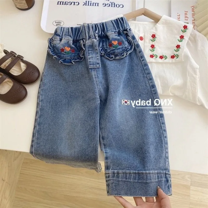 

Spring and Autumn New Girls' Loose Jeans, Baby Embroidered Flower Pants Summer Children's Stylish Wide Leg Pants