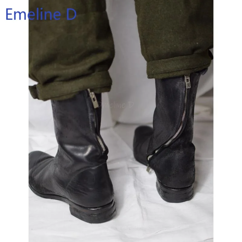 Slim Fit Calf Leather Mid Boots Rear Diagonal Silver Zipper Low Stacked Layer Heel Minimal Street Daily Commute Leather Footwear