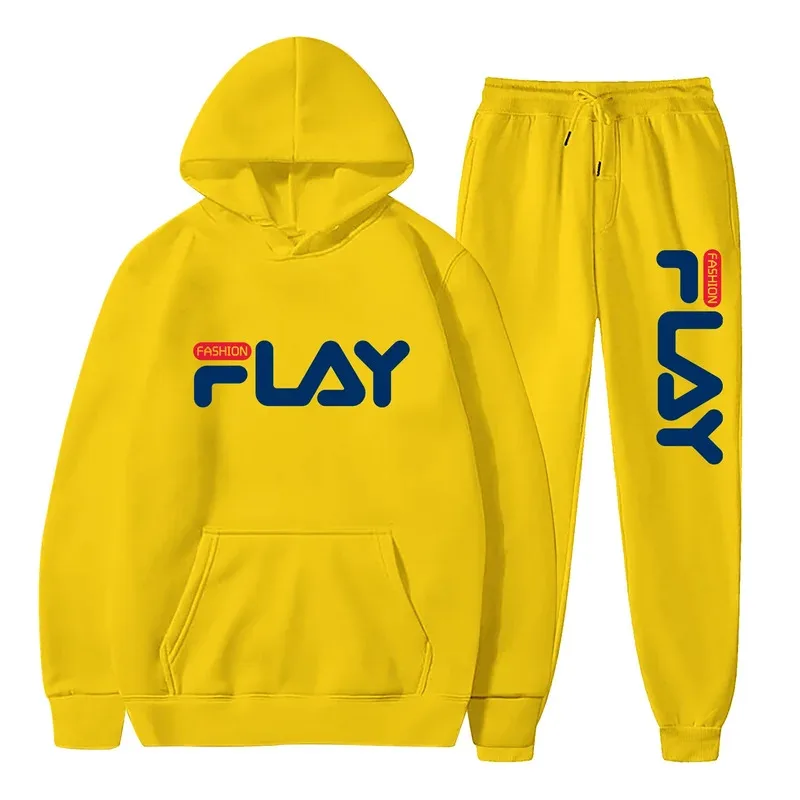 Conjunto de moletom com capuz e calças com estampa de letras para primavera e outono, novo conjunto de roupas esportivas casuais para homens e mulheres