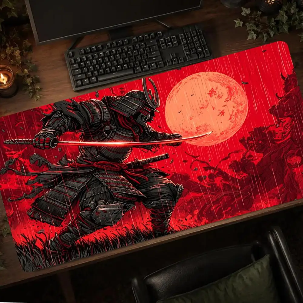 Red Moon Samurai Mouse Mat Gaming Mats Mousepads Gaming Setup Playmat Carpet Desk Accessories Desk Gadgets Extended Pad Office