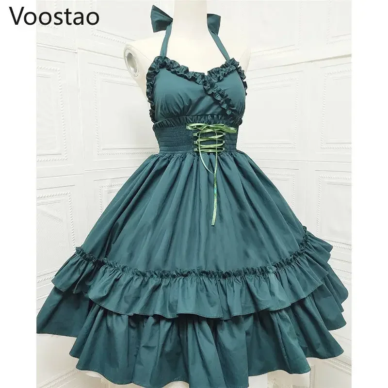 Vintage elegant Lolita JSK dress women sweet princess dancing party slim dresses feminine cute ruffles halter collar wedding dre