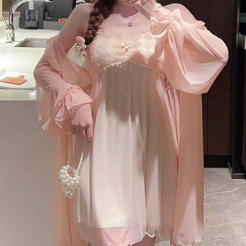 Sexy Vintage Summer Sweet Girls Sleepwear Strap Robe Pajama Set Sleeping Skirt Chest Mat Women Outerwear Home Clothes 2