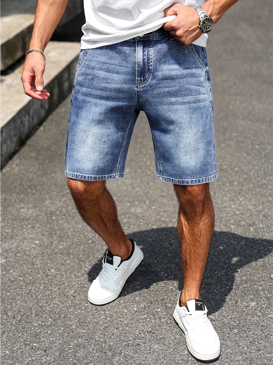 

Men's Elastic Mid-Rise Five Quarter Jeans Loose Fit Casual Shorts for Daily Commute Comfortable Loose Leggings