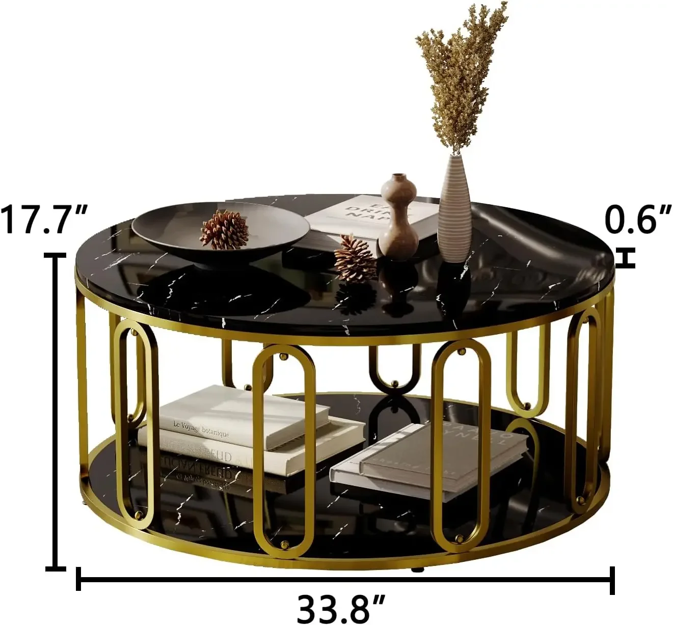 Round Coffee Table, Wooden Marble Pattern Coffee Table with Round Open Storage, Solid Golden Metal Legs for Living Room，Black