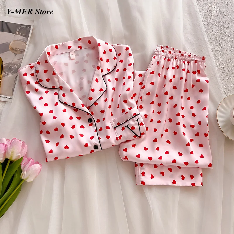 2024 Pink Love Pajamas Set 2Pcs Pjs Embroider Letter Sleepwear Women Homewear Loungewear Long Sleeve Outfit Satin Nightwear