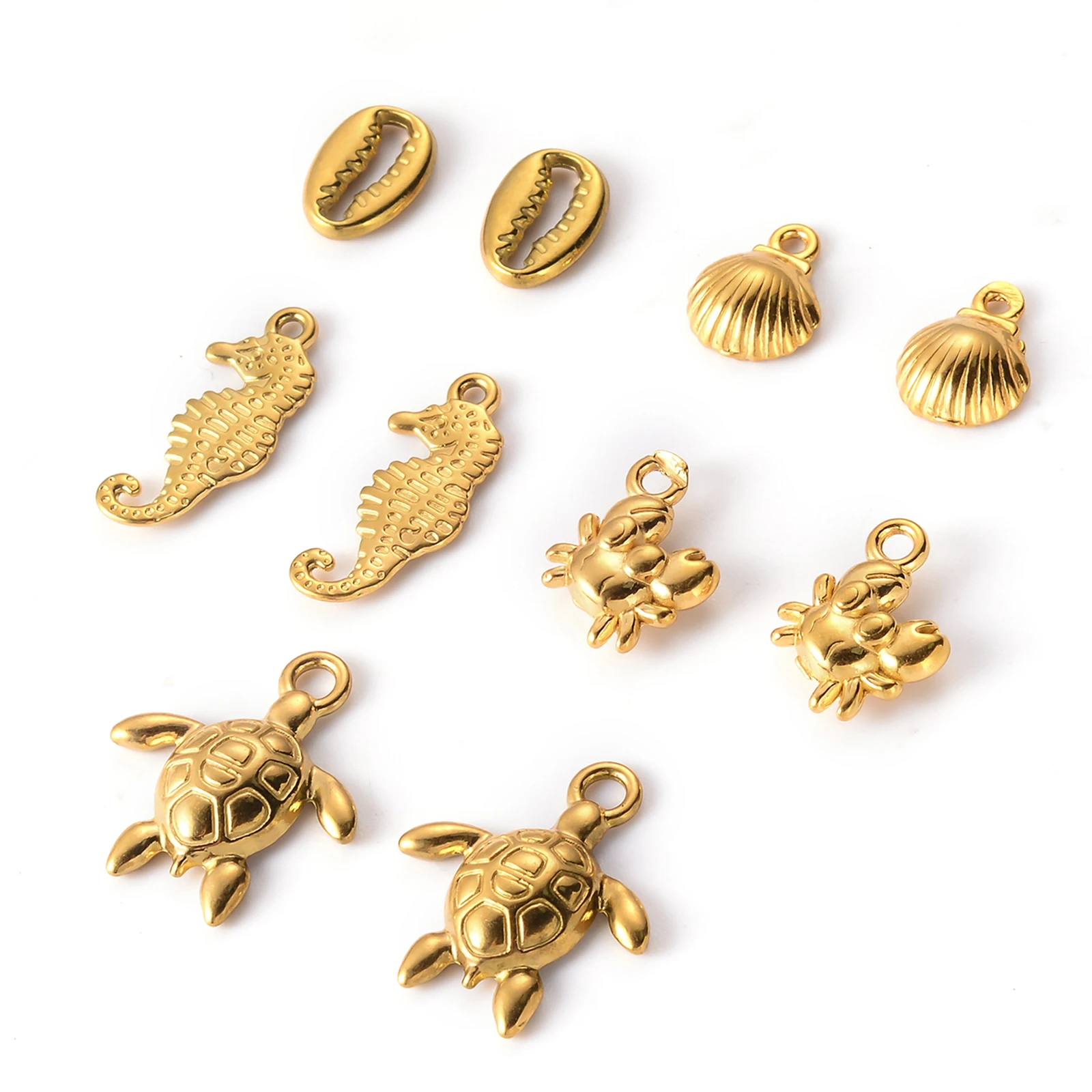 3Pcs Stainless Steel Gold Color Marine Animals Shell Crab Hippocampus Tortoise Charm Pendant For DIY Handmade Jewelry Finding