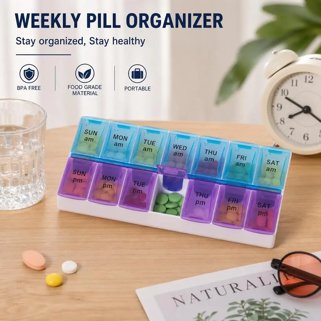 7-Day Weekly Medication Box Dispenser With Lid To Prevent Contamination Storage