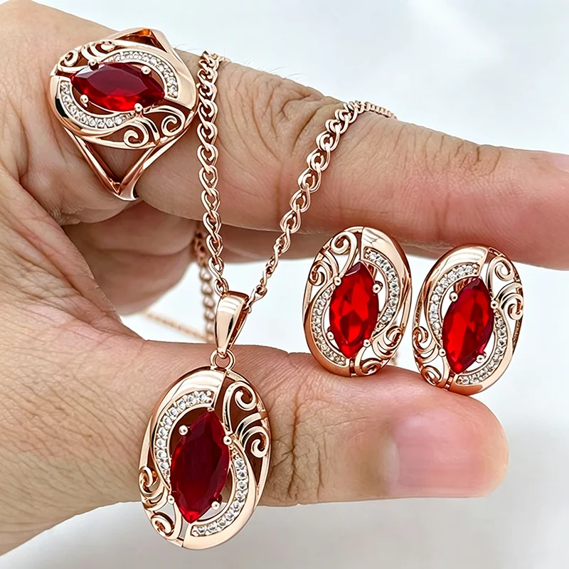 Kinel glänzender Rhombus-Ring mit natürlichem Zirkon, Ohrringe, Halskette für Damen, modisch, 585er Roségold, Vintage-Hochzeitsschmuck-Sets