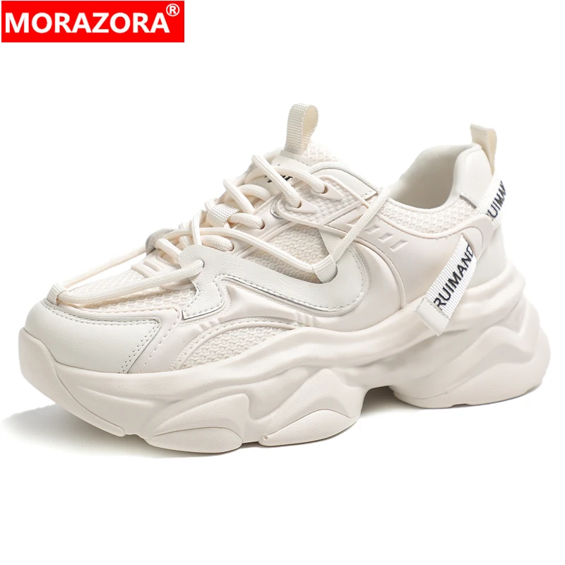 MORAZORA 2024 New Genuine Leather Shoes Women Sneakers Lace Up Platform Flats Breathable Fashion Chunky Sneakers Ladies Shoes