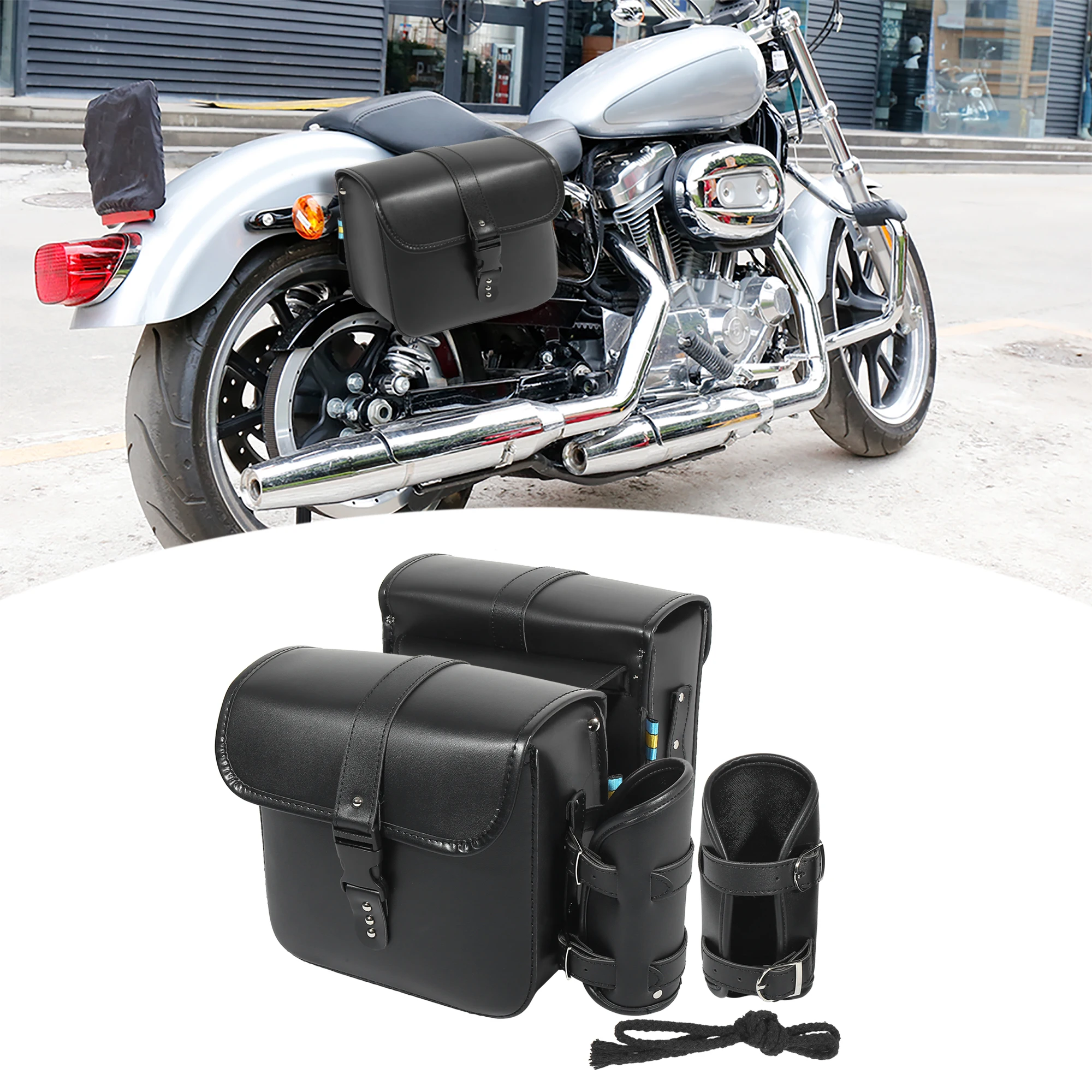 

Motoforti Pair Motorcycle Saddlebag Side Tool Bags Cycling Luggage Bag Waterproof Faux Leather Black Saddle Bag