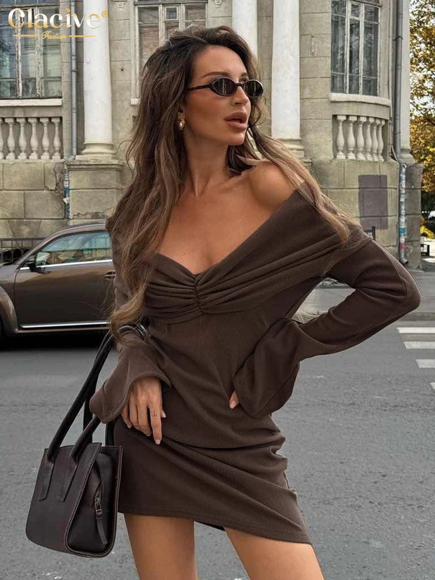 Clacive Fashion Slim Brown Women\'s Dress 2025 Bodycon V-Neck Long Sleeve Mini Dresses Elegant Classic Female Dress Clothing