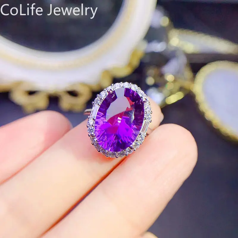 VVS Brilliant Natural Amethyst Ring for Wedding 10mm*14mm 6ct Amethyst Silver Ring 18K Gold Plating 925 Silver Crystal Jewelry