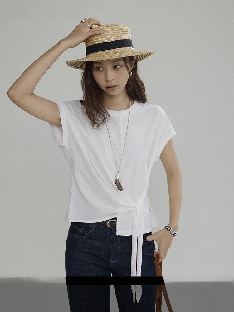 

Joli Choose Women's T-irt Summer New Sle Waist Belt Design round Ne ort Sve Cotton Polyester Blend Comfortable Fit