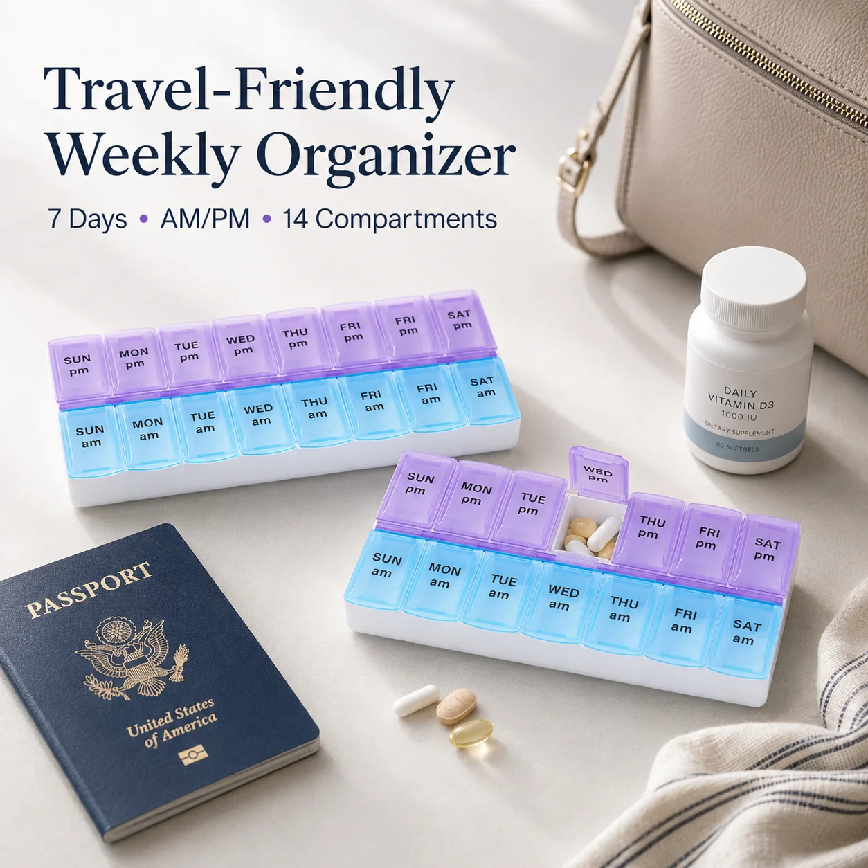 14 Compartment Pill Organizer Box, 7-Day AM PM Weekly Medicine Dispenser, Portable Travel Vitamin Case