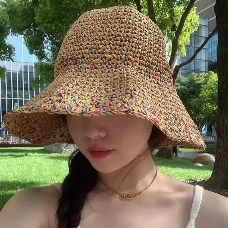 Women Summer Beach Straw Hat Visor Bucket Hat Hand Weaving Panama Girl Fishing Rainbow Sun Hats for Women