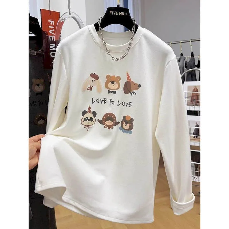 O-neck T-shirts Velvet Fleece Cartoon Print Keep Warm Tops Casual Korean Style Long Sleeve 2026 Autumn Winter Women Clothing