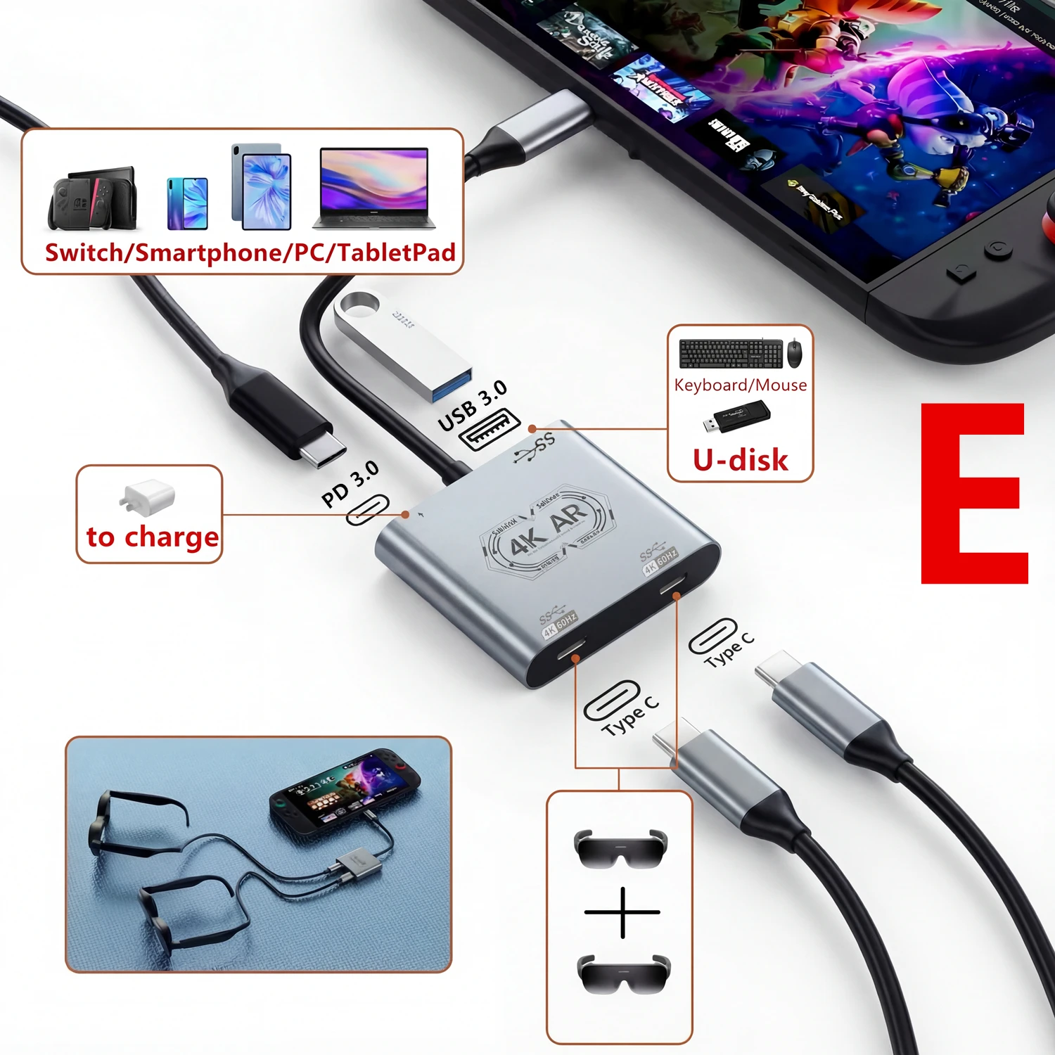 Eazedream AR Gläser Hub Nahtlose Multi-Gerät Typ-C HDMI-kompatibel Lade Adapter für Xreal Beam Viture Rokid Station Rayneo XR USB-C 3
