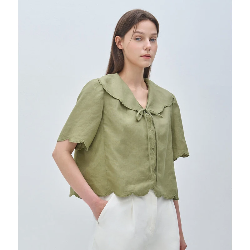 เสื้อผ้าผู้หญิง MICOAT รุ่น Summer 25 คอปกปักลายลูกไม้ แต่งขอบผ้าลินินทรงหลวม สองสี สไตล์ฝรั่งเศส แขนสั้นลำลอง