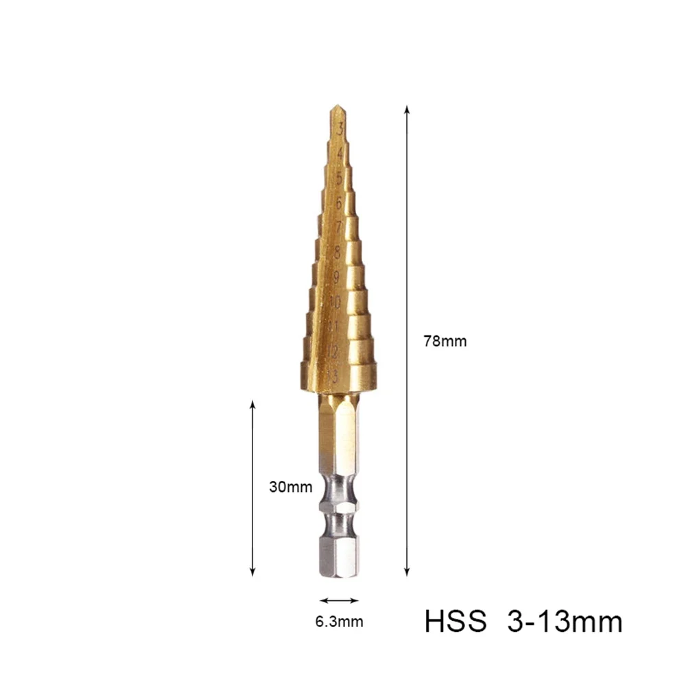 육각 섕크 티타늄 코팅 스트레이트 슬롯, 고속 스틸 홀 커터 세트, P6M5 드릴 비트, 13 단계, 6-35mm, 1 개