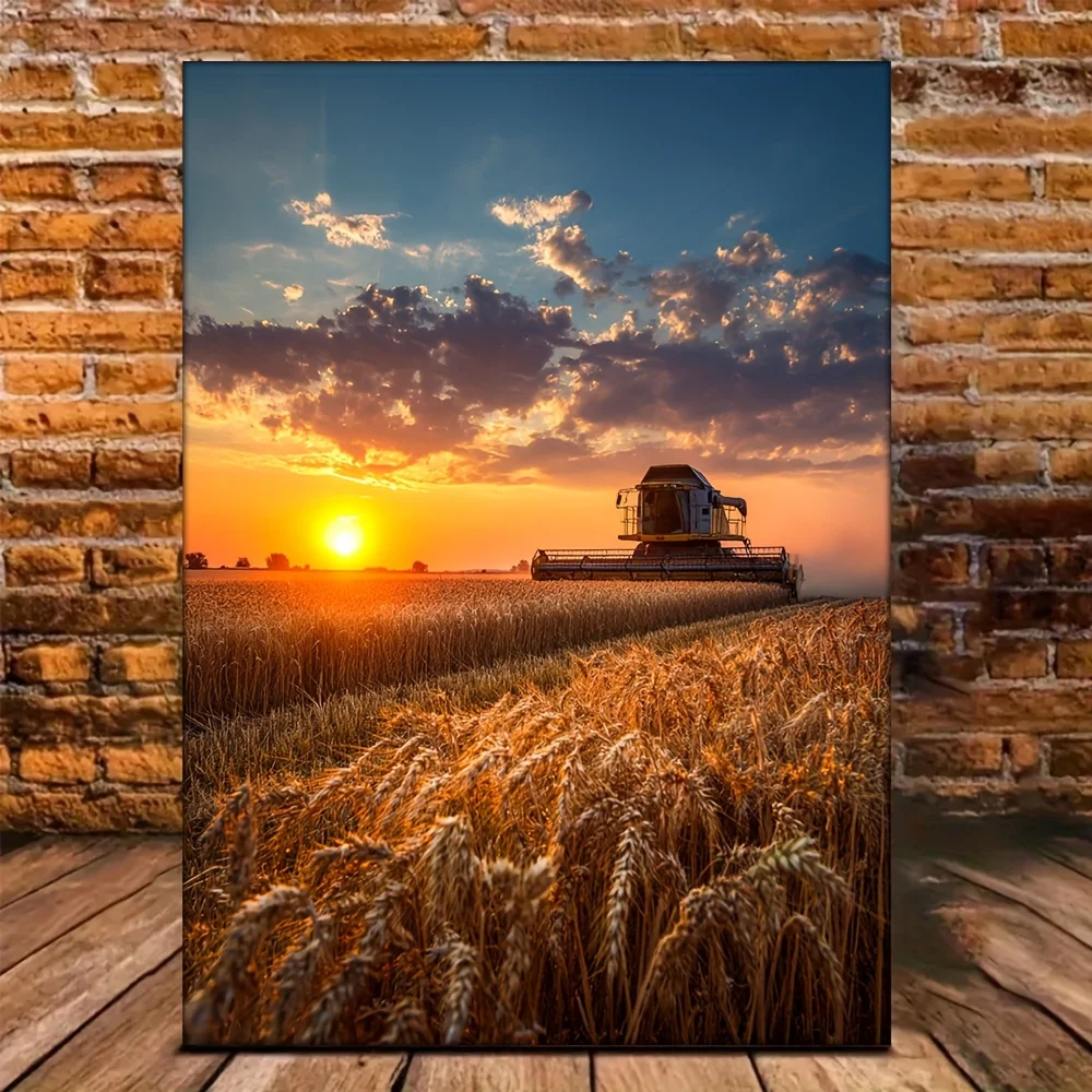 (No frame)1pc Framed Farmhouse Wall Art Print - 12x16 Inch Golden Wheat Field & Combine Harvester Sunset, Rustic Barn Landsca
