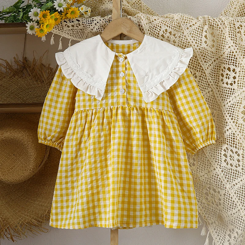 Autumn Baby Clothing Infant Baby Girl Yellow Big Collar Korean Dress Cotton Princess Dress Banquet