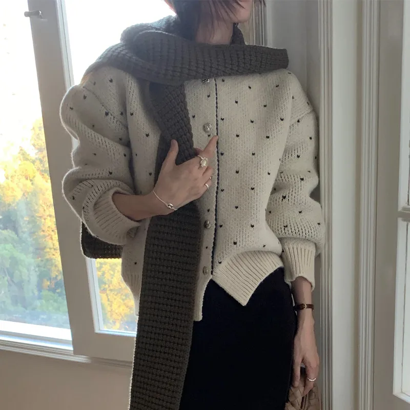 Französisch Stil Vintage Hearted-dot Verdicken Pullover Strickjacke Winter für Frauen Einreiher Weiche Gestrickte Outer Weibliche