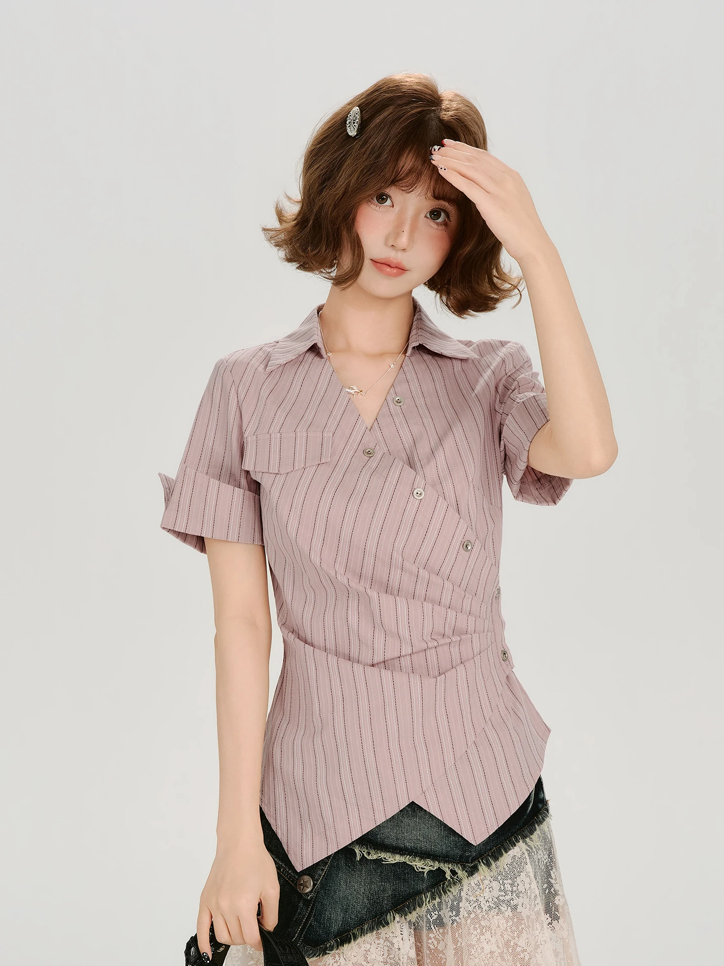 

Женская летняя блузка Girlyhalo в американском ретро-стиле с полосками, коротким рукавом, новым дизайном с драпировкой, приталенная, с эффектом утяжки на талии, в повседневном стиле