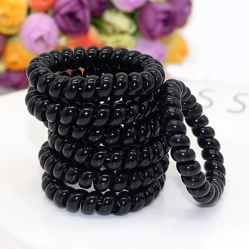 Lazos elásticos para el pelo en espiral para mujer, aros para el pelo con cable para teléfono, soporte para cola de caballo, bandas de goma negras,