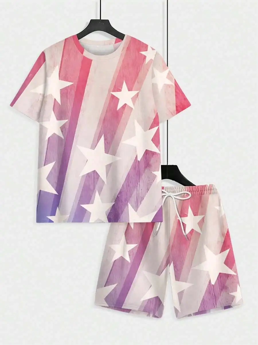 

Mens Pink Purple Gradient Star Stripe Print T-Shirt And Shorts Two-Piece Set Casual Summer Outfit